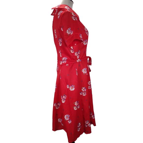 Vintage 70s Casual Midi Dress Size L Red Floral Print Dagger Collar Poly Knit - Picture 4 of 11
